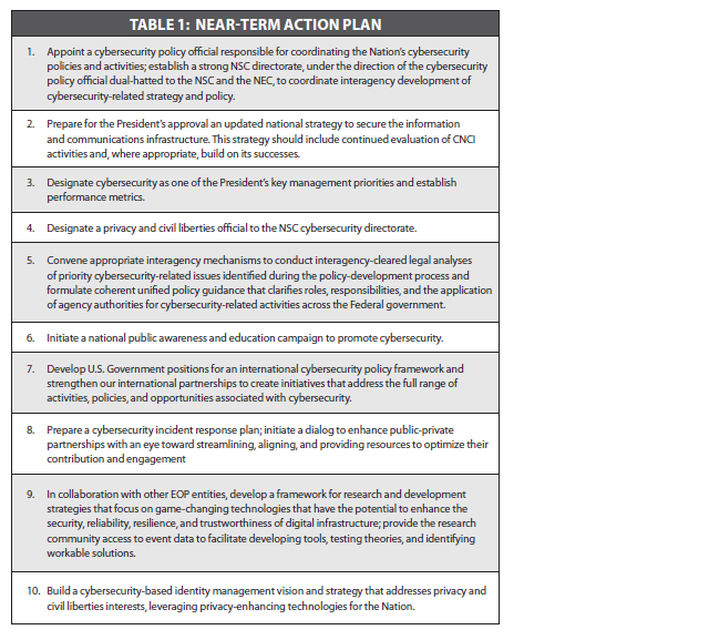 White House Cyber Security Review Near Term Action Plan